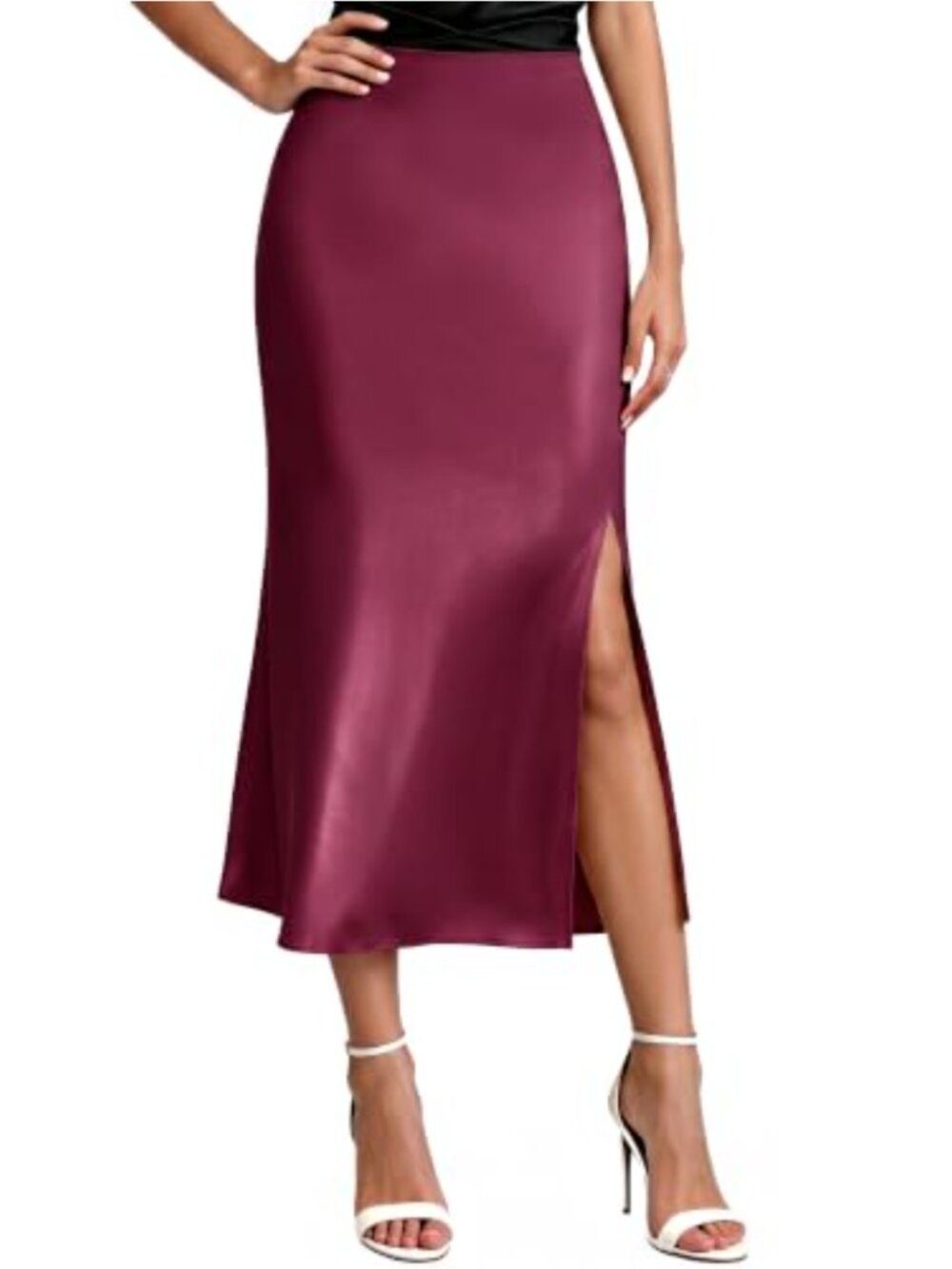 Women's Satin Midi Skirt High Waisted Side Slit with Lining